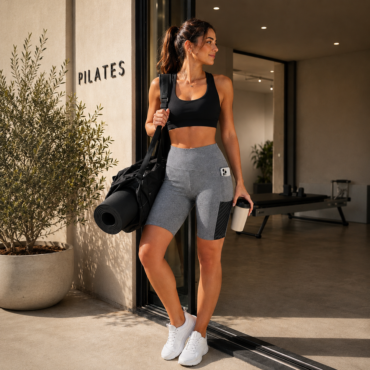 Pilatesshorts med høj talje og figursyende lomme