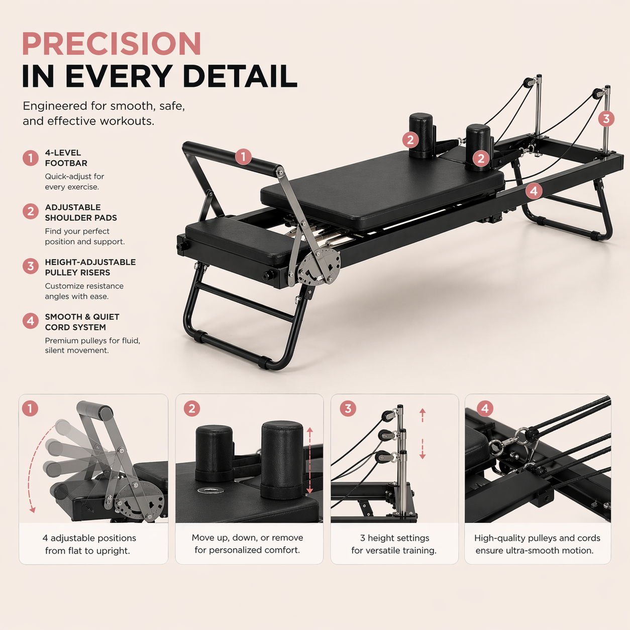 Black Studio Foldable Reformer — Adjustable Resistance — 265 LBS