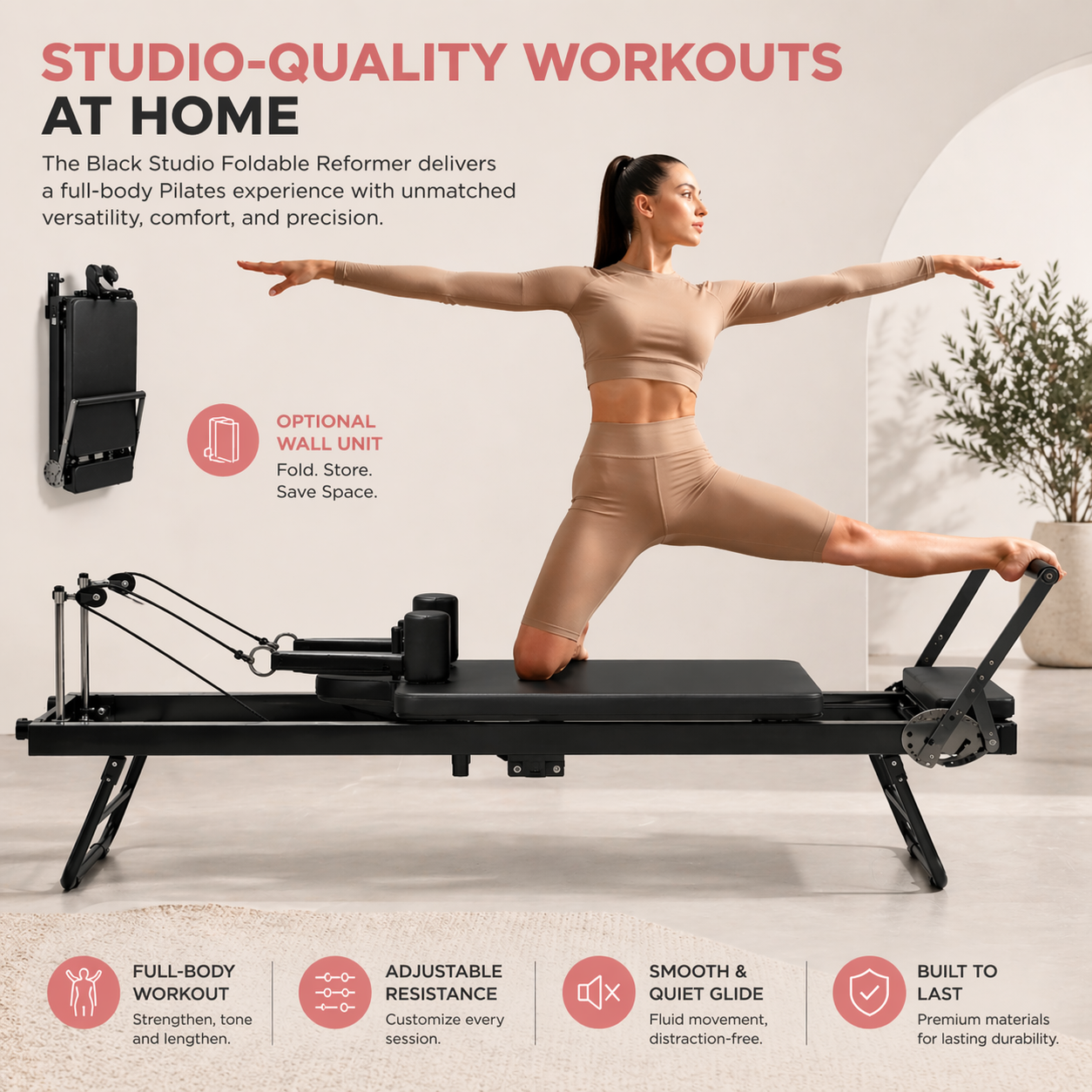Black Studio Foldable Reformer — Adjustable Resistance — 265 LBS