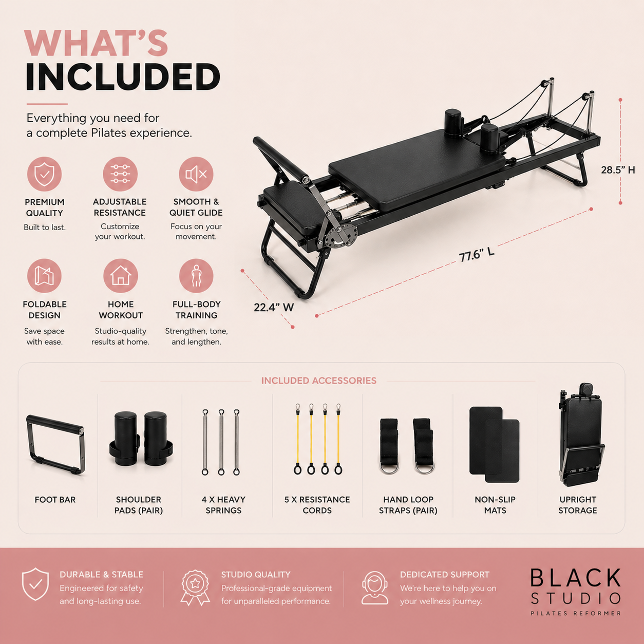 Black Studio Foldable Reformer — Adjustable Resistance — 265 LBS