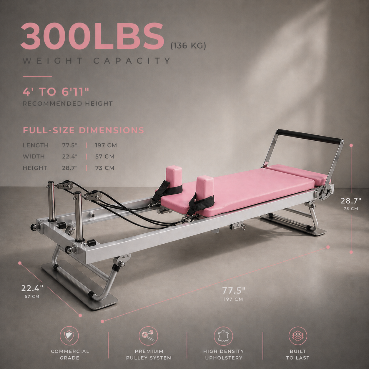 Pink Signature Foldable Pilates Reformer — 300 LBS