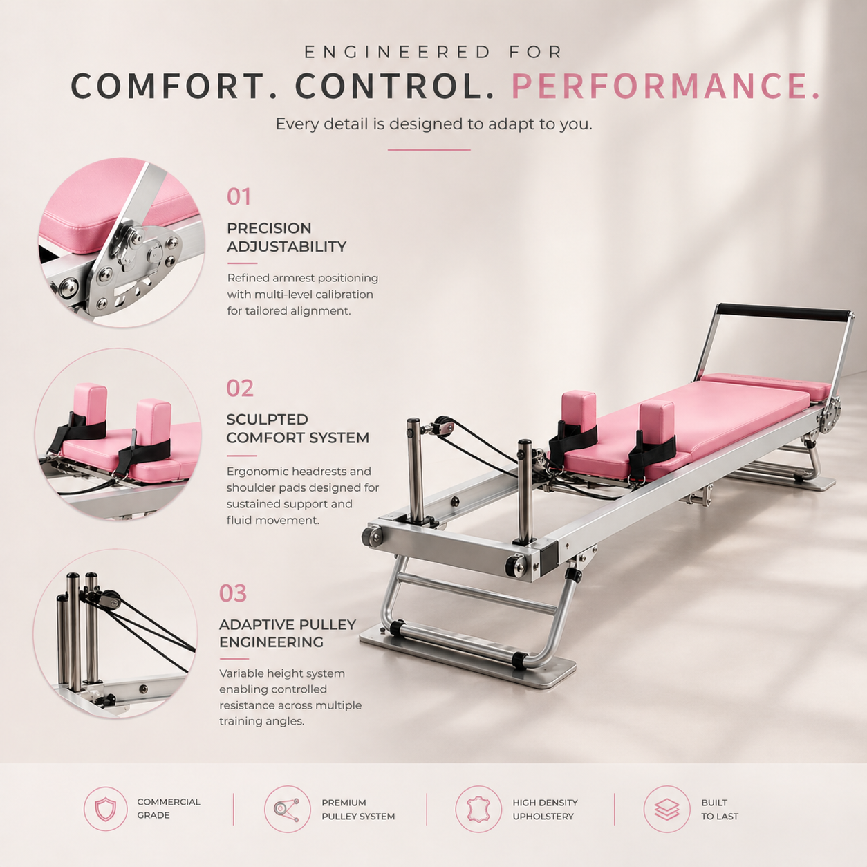 Pink Signature Foldable Pilates Reformer — 300 LBS