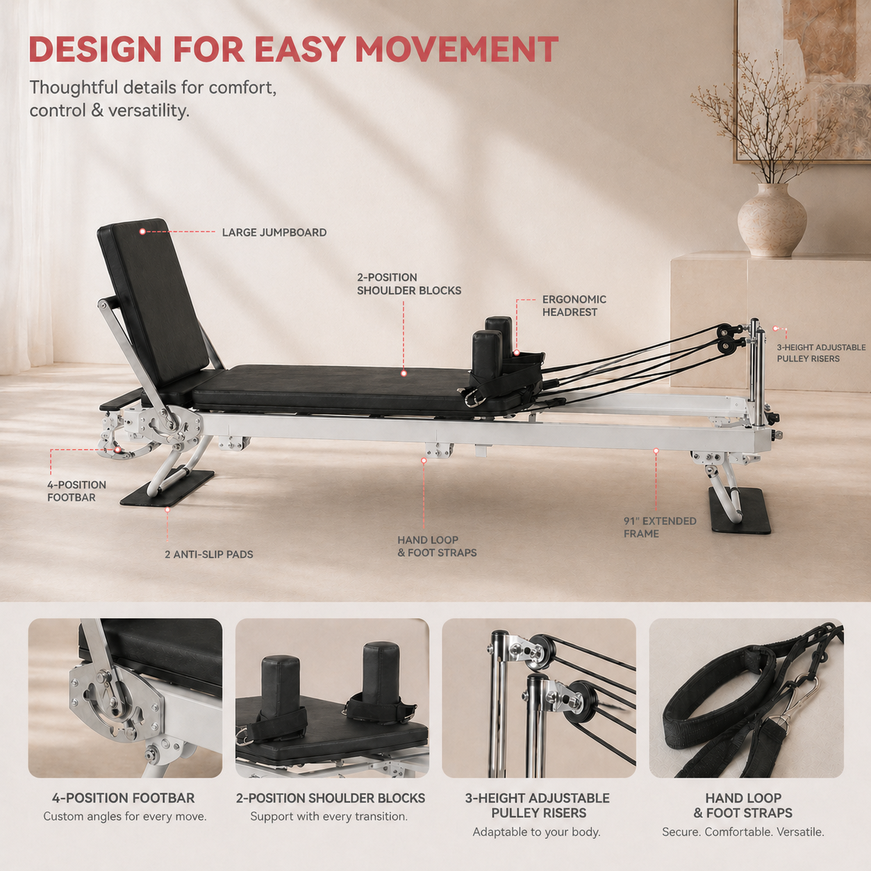 The Monochrome Elite — 91” Foldable Pilates Reformer with Jumpboard