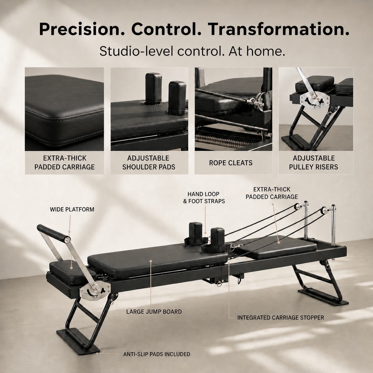 78" Foldable Pilates Reformer – Extra-Thick Padding – 300 LBS
