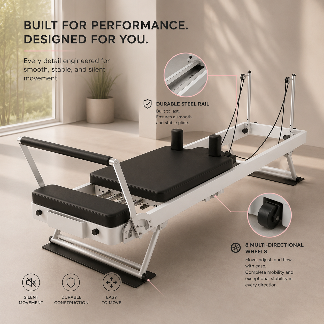 Foldable Pilates Reformer — Black & White Edition