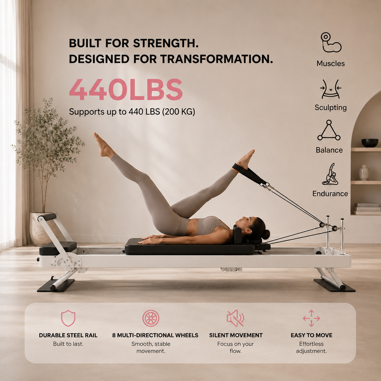 Foldable Pilates Reformer — Black & White Edition